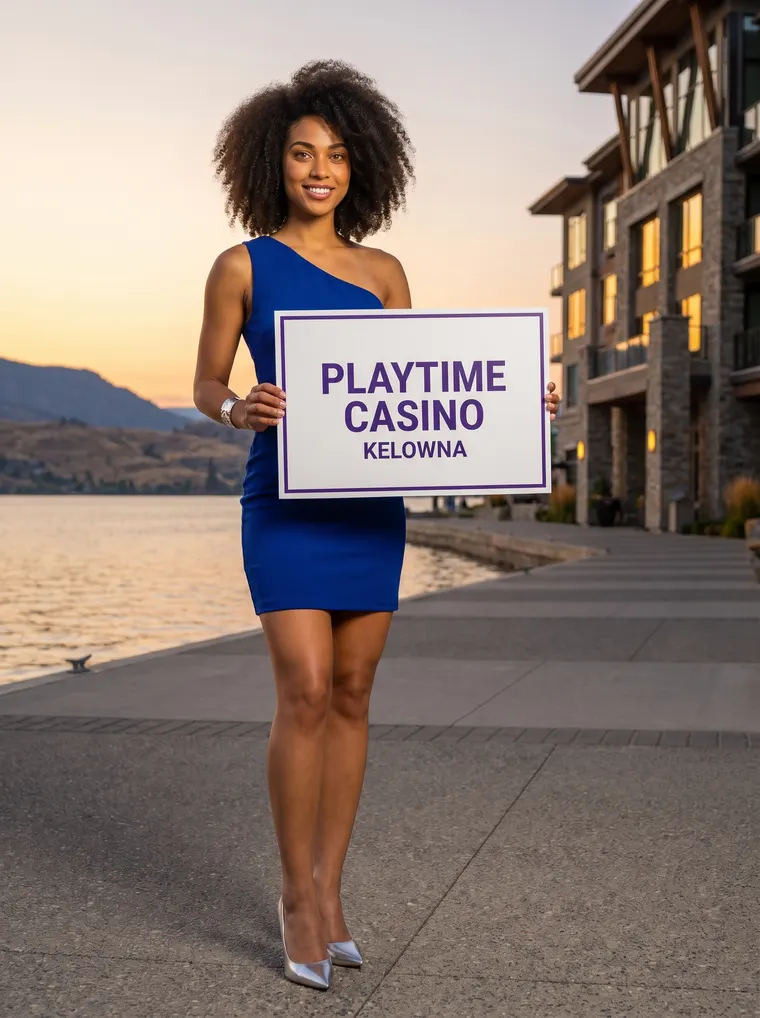 Character created for this guide: a young woman in a royal-blue dress standing on a lakeside promenade at sunset, holding a sign that reads Playtime Casino Kelowna